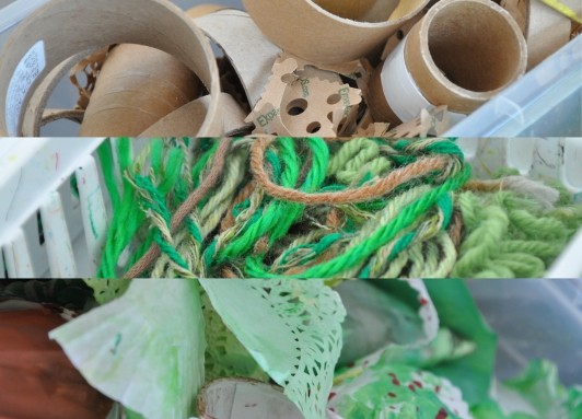 Three images merged into one all of materials: Top: Cardboard found materials (tape tubes, packing material, corrugated cardboard). Middle: Green and brown yarns. Bottom: Painted found materials.